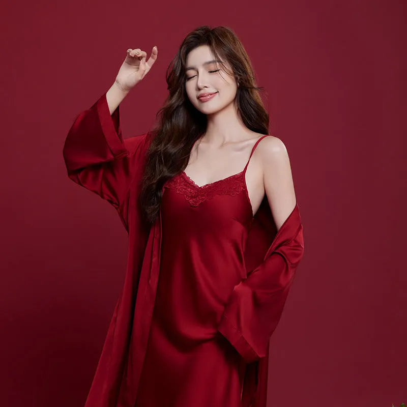 Red polyester lounge suit set for men and women with long sleeves and trousers