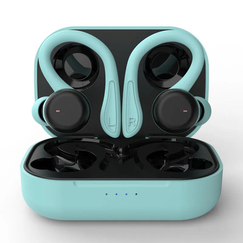Bluetooth sports headphones with ear hooks in five colour options showing removable earbuds and charging case