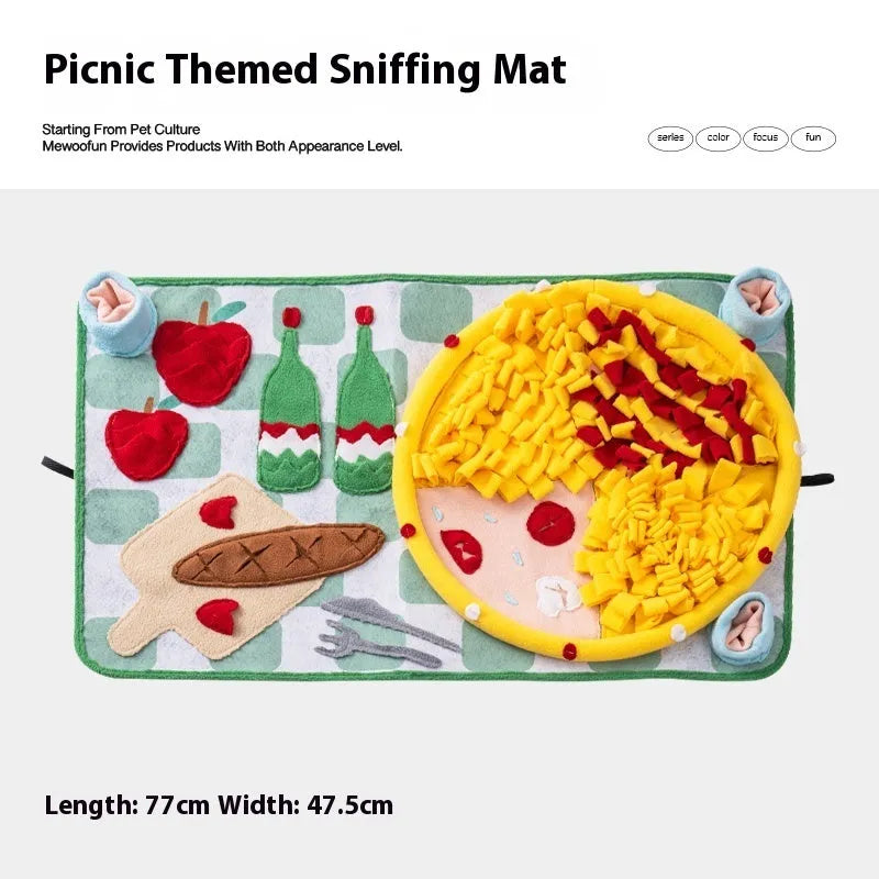 Plastic fabric dog sniffing mat with textured surface for hiding food treats, showing multiple theme design options