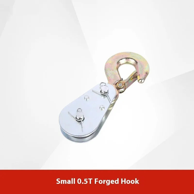 Red industrial lifting pulley with a forged steel safety hook and single wire rope wheel.
