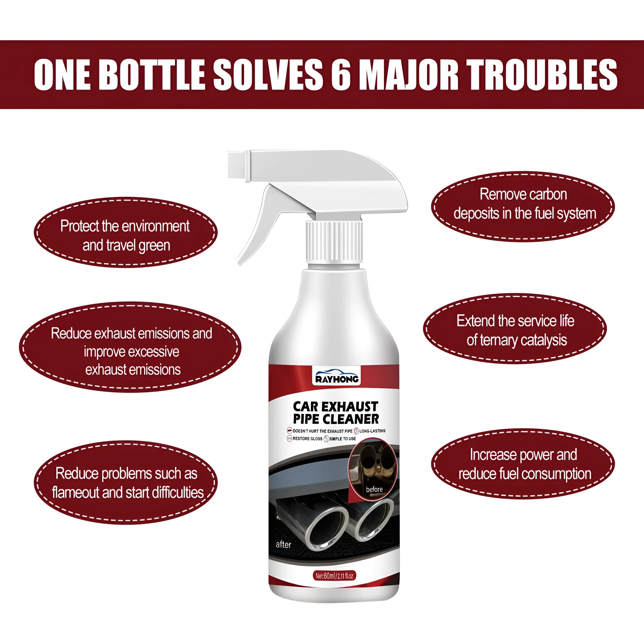 Car exhaust pipe cleaner rust removal 60ml bottle with thick formula on vehicle exhaust tip