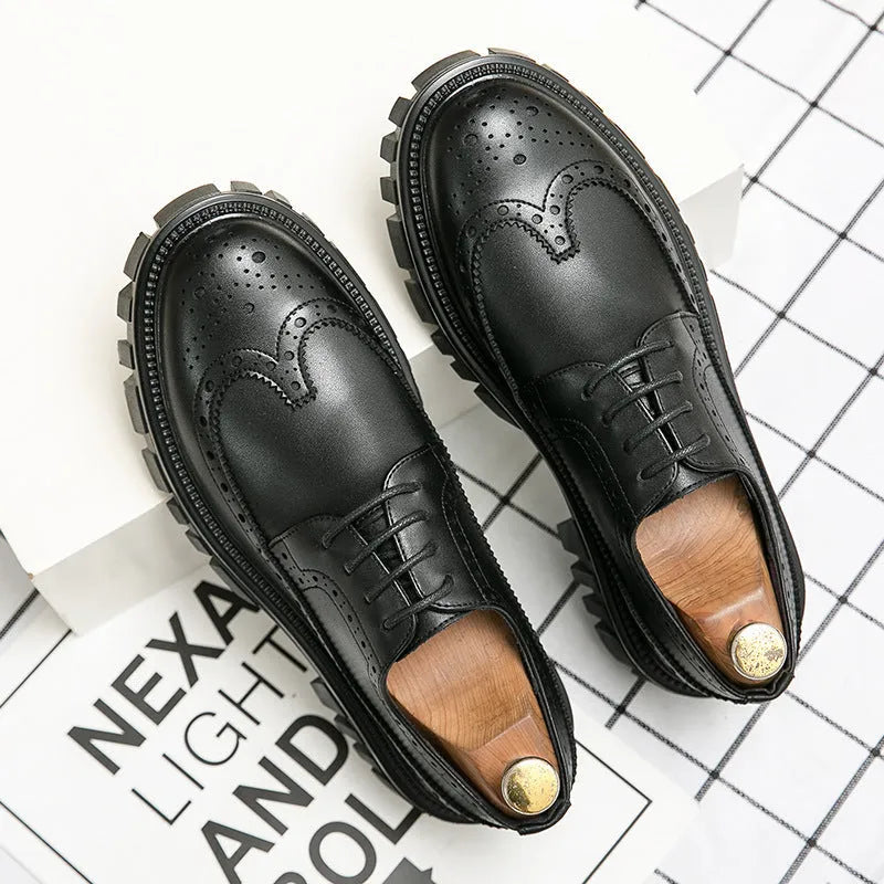 Men's black and brown brogue shoes with round toe and classic business styling