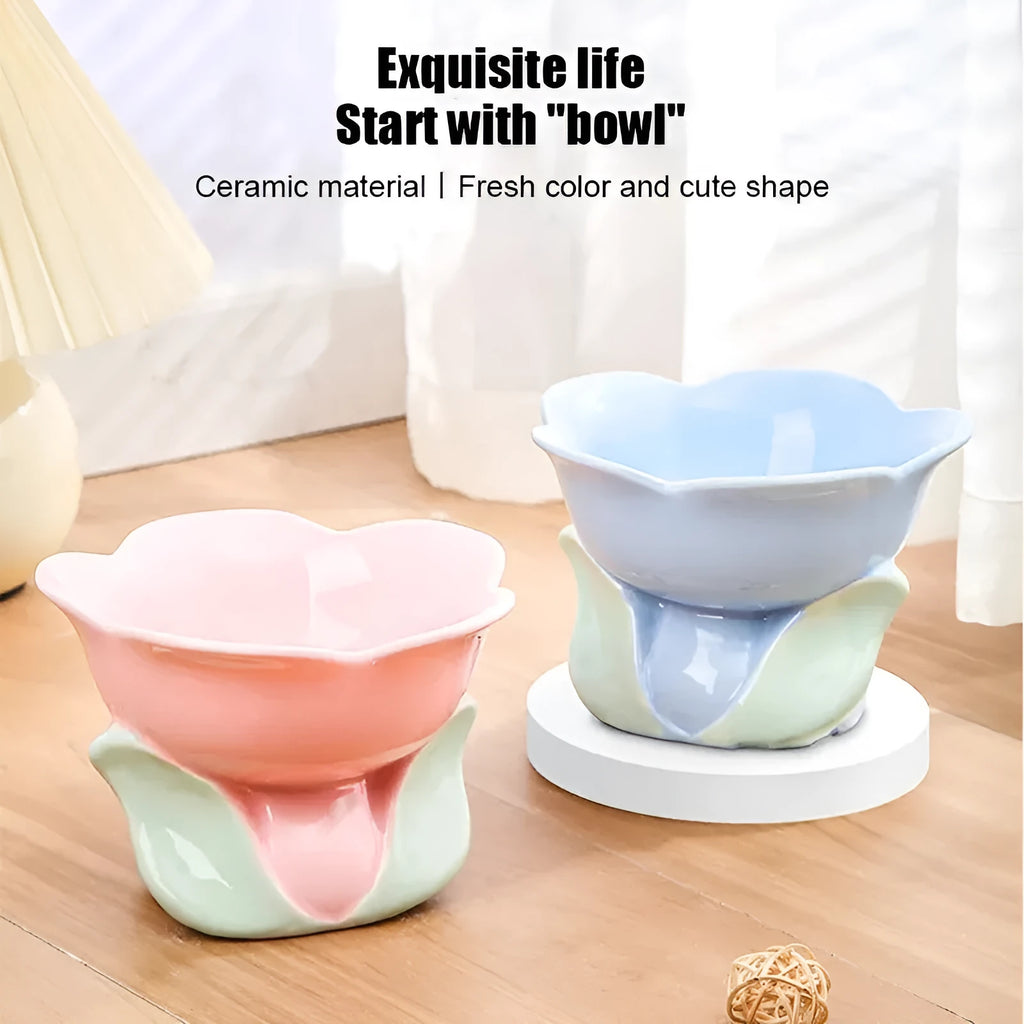 Blue floral patterned elevated ceramic bowl for cat or small dog feeding