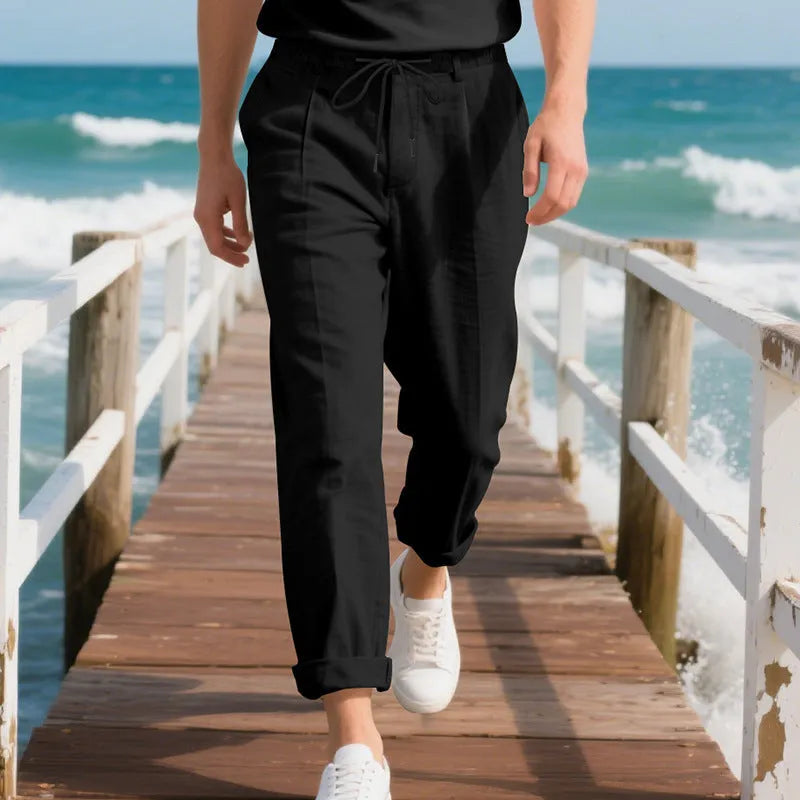 Men's linen straight leg trousers in army green with drawstring waist