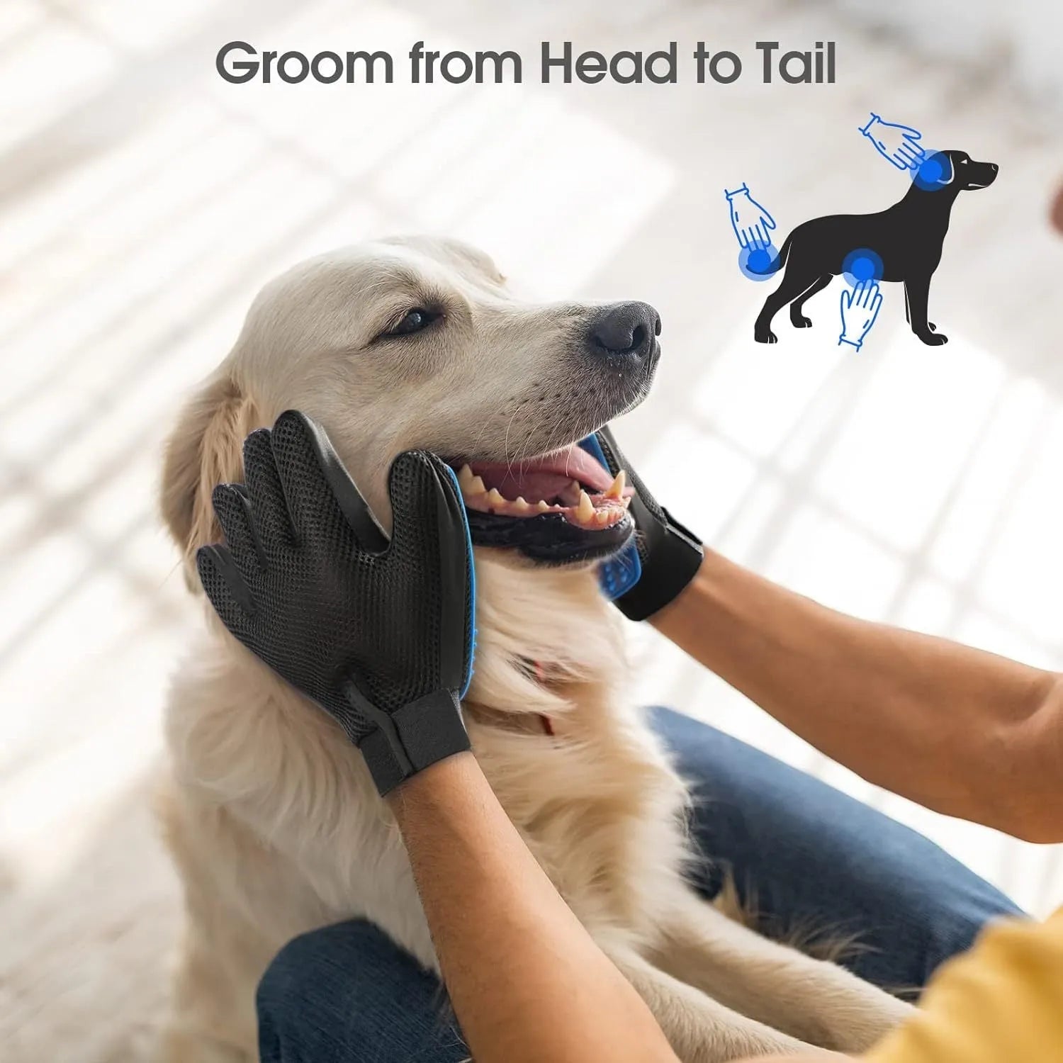 Blue pet grooming gloves with silicone tips for dog and cat hair removal and massage