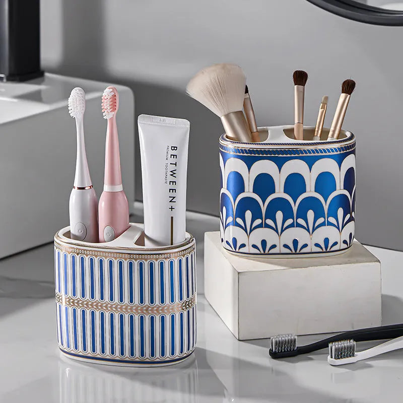 Ceramic toothbrush rack in household light luxury style with three colour options on a bathroom counter
