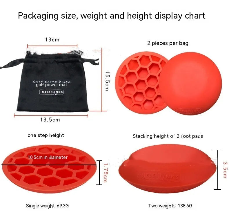 Orange natural rubber golf training mat with centre of gravity zone for swing practice