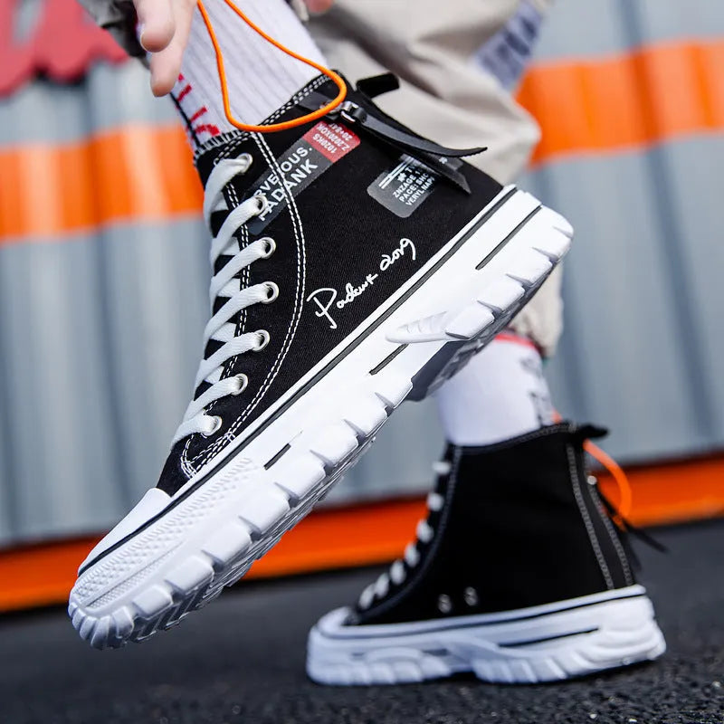 Men's casual canvas high top lace-up shoes in black with letter print pattern, round toe, and front laces