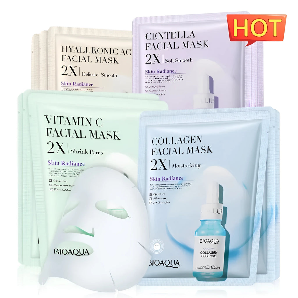 Collagen and Hyaluronic Acid facial sheet mask set with 30g gel formula on white background