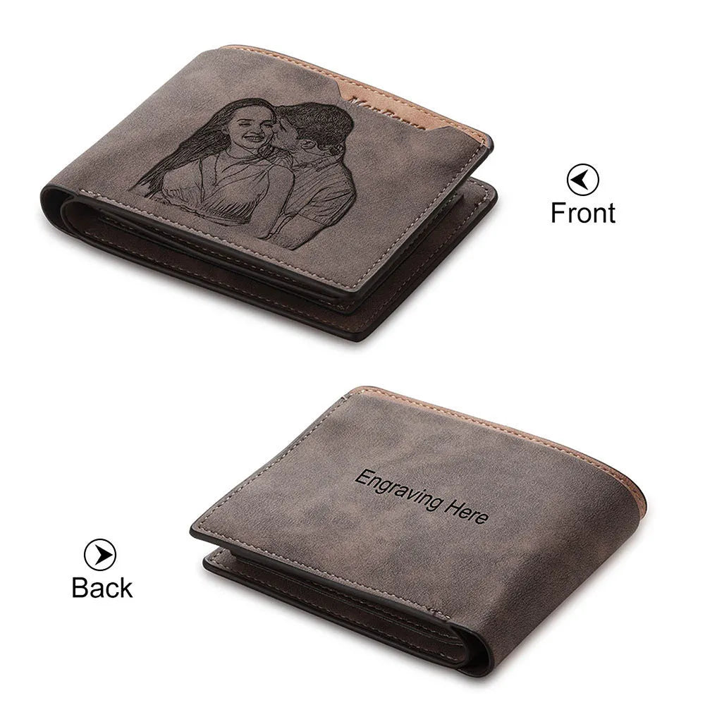 Coffee brown engraved horizontal short wallet for men made from PU leather.
