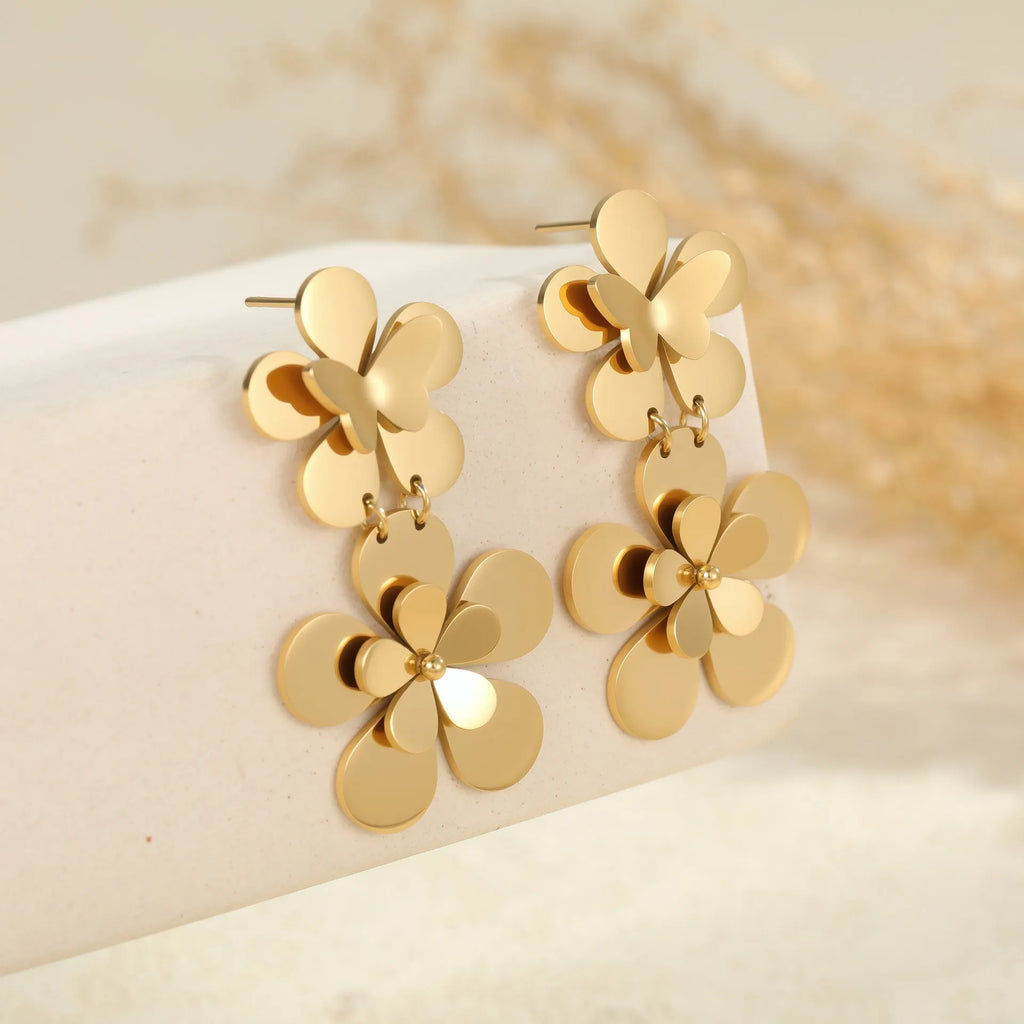 Gold electroplated butterfly flower earrings for women with stainless steel construction and animal zodiac styling