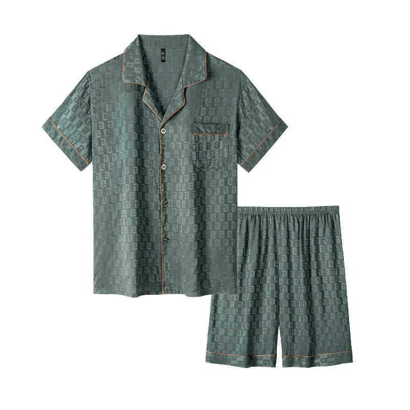 Men's ice silk pajama set with satin jacquard plaid pattern in cardigan style and shorts