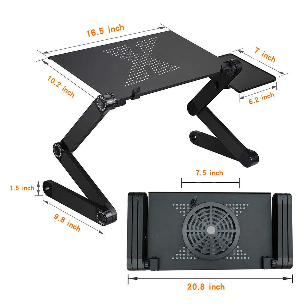 Adjustable black laptop stand desk with mouse pad and USB cooling fan, folded for storage, on a wooden floor