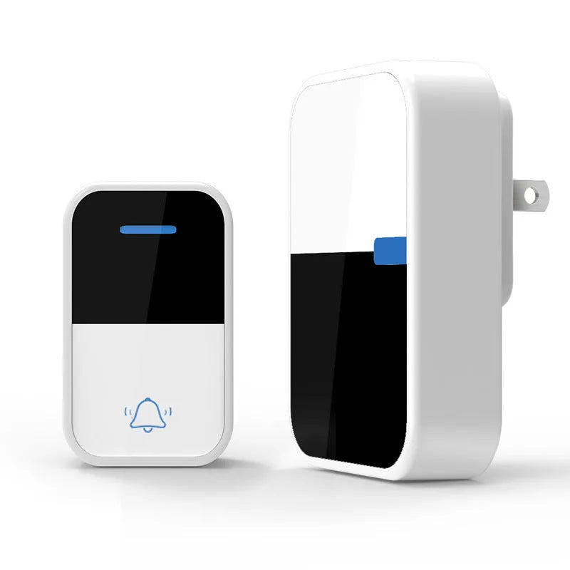 White plastic wireless doorbell kit with self-generating button and 150-metre range