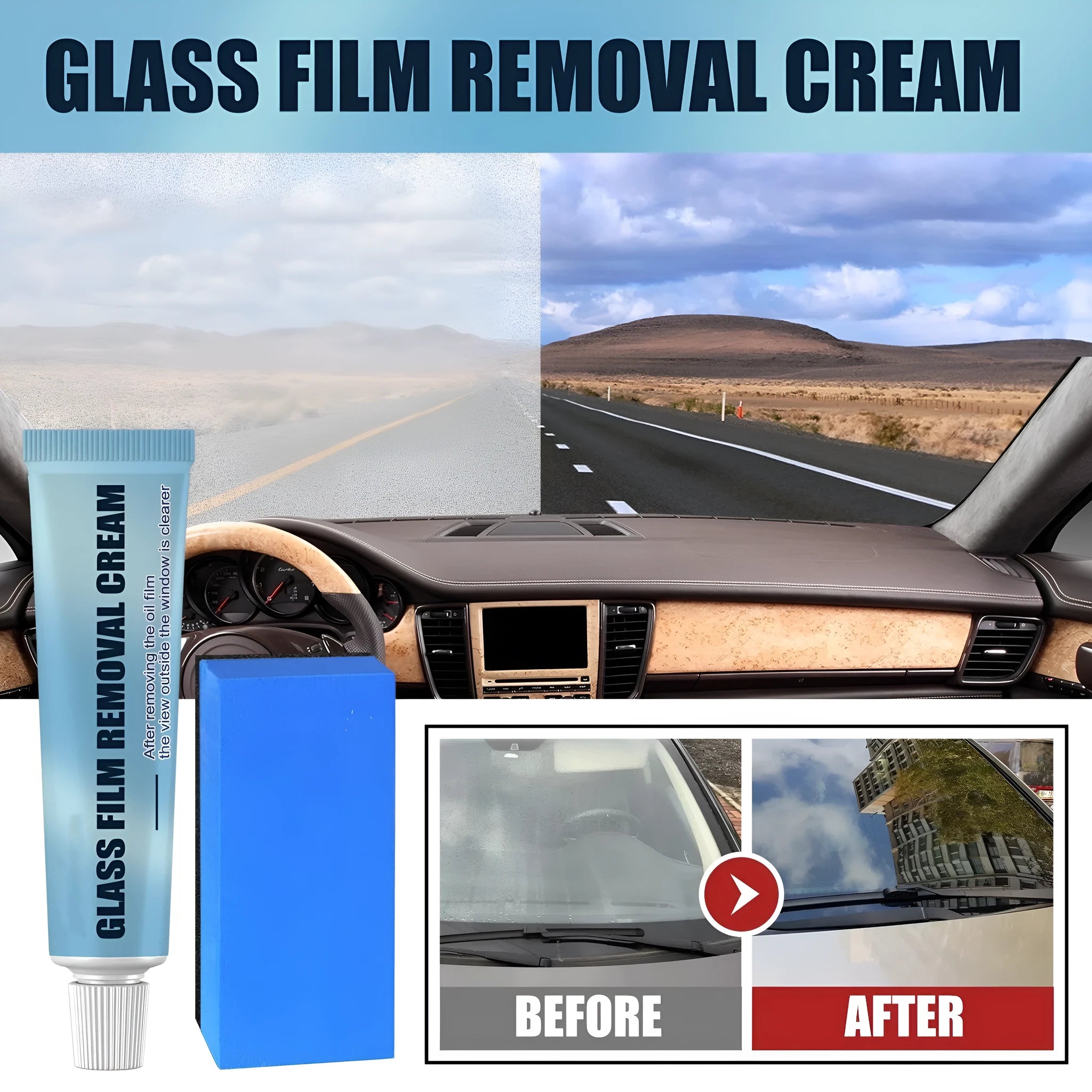 Blue car glass oil film remover with soft sponge brush for windshield and window cleaning