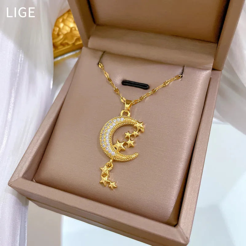 A218 stainless steel necklace with copper geometric moon pendant and diamond detailing