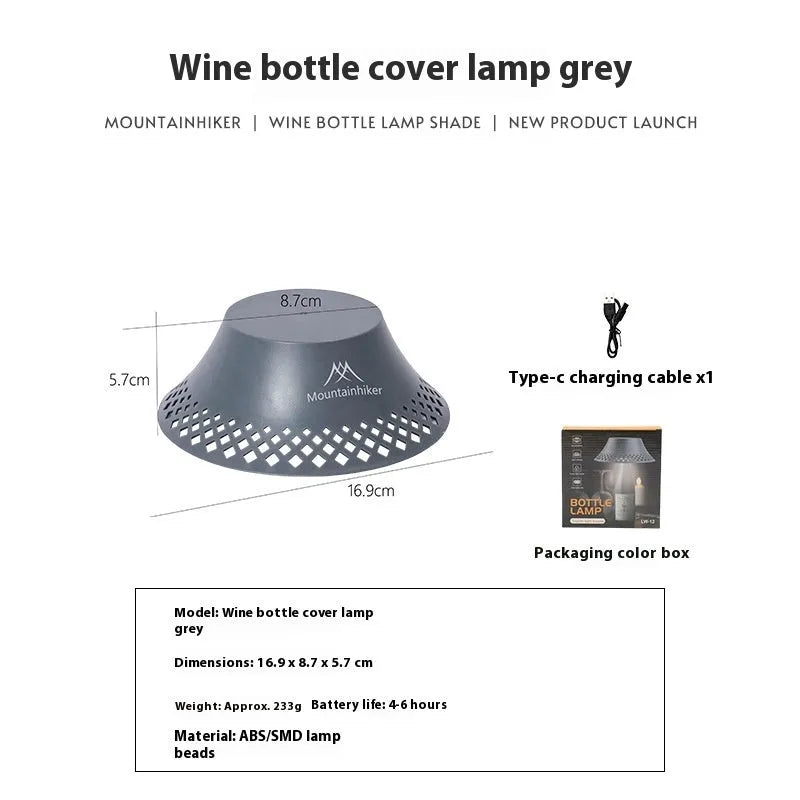 Beige wine bottle shaped camping lantern with LED lights and USB-C charging port