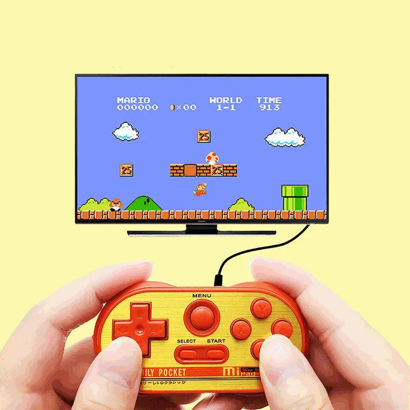 Mini handheld video game console with 20 built-in NES games, shown in black, measuring 85x45x15mm with AV output cable