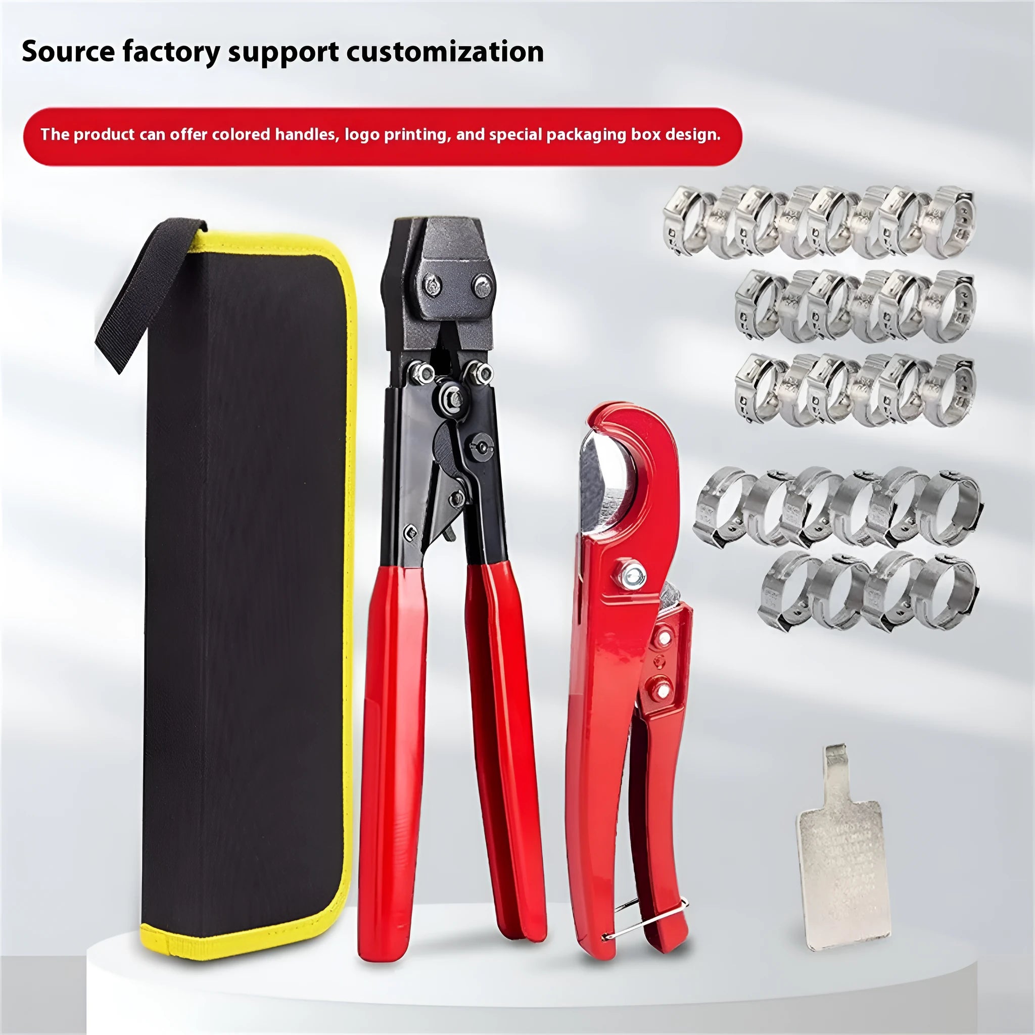 Red cloth PEX single ear clamp set with carbon steel cutting edge for plumbing connections