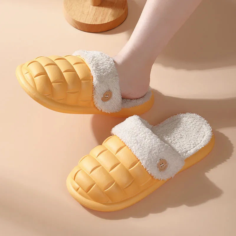 Plaid pattern detachable slippers with EVA sole and plush lining, shown in pink colour.