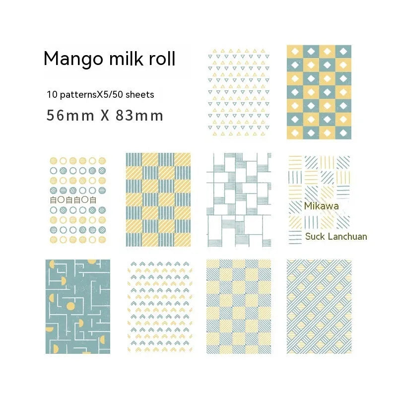 Pack of 50 retro dessert-themed collage note papers in ten colours including caramel puff and blueberry wood sauce.