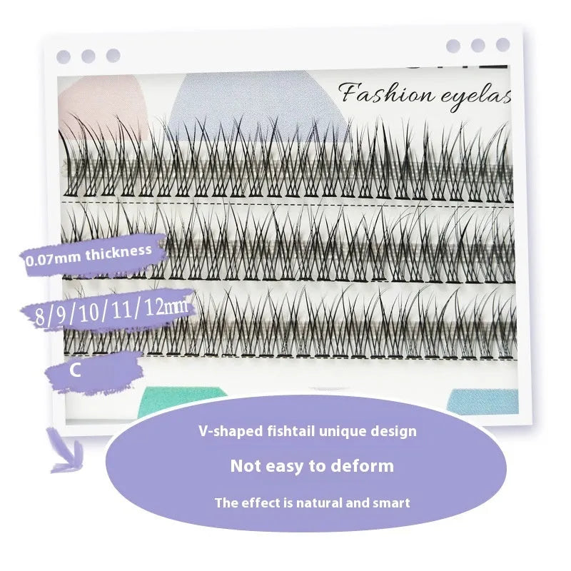 Black V-shaped Fairy Fishtail false eyelashes with thick segments on a clear tray, showing the 8mm to 12mm length options.