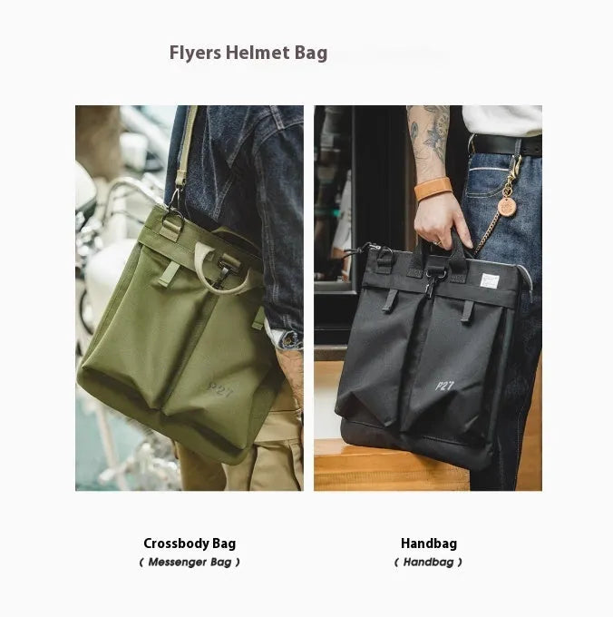 Medium canvas crossbody messenger bag in military green showing laptop compartment and shoulder strap