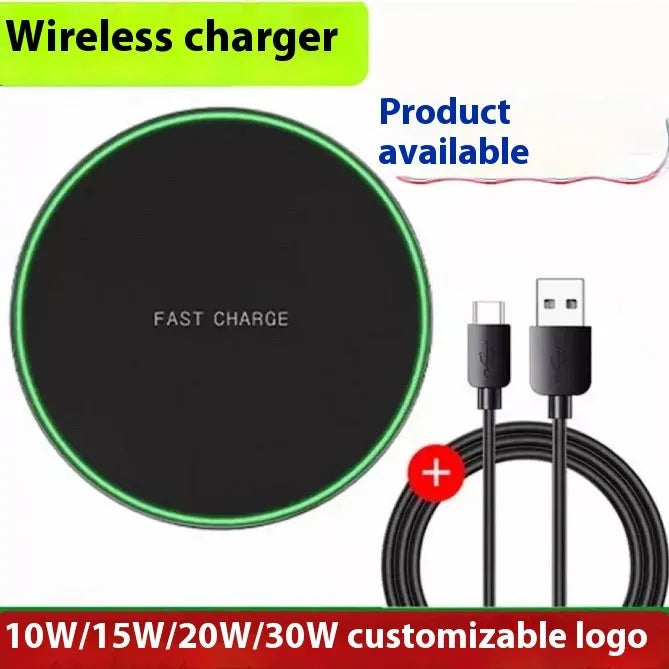 Black frosted 15W wireless charger on a desk with a Type-C cable connected