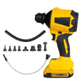 Yellow cordless dust gun with 680W power rating and adjustable air volume control for workshop and office cleaning.