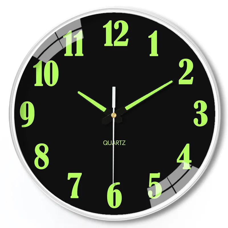 Modern 8-inch luminous wall clock with white dial on a plastic shell, mounted on a wall.