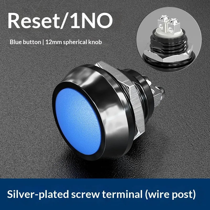 12mm spherical head self-resetting push button switch with silver-plated contacts and waterproof protection