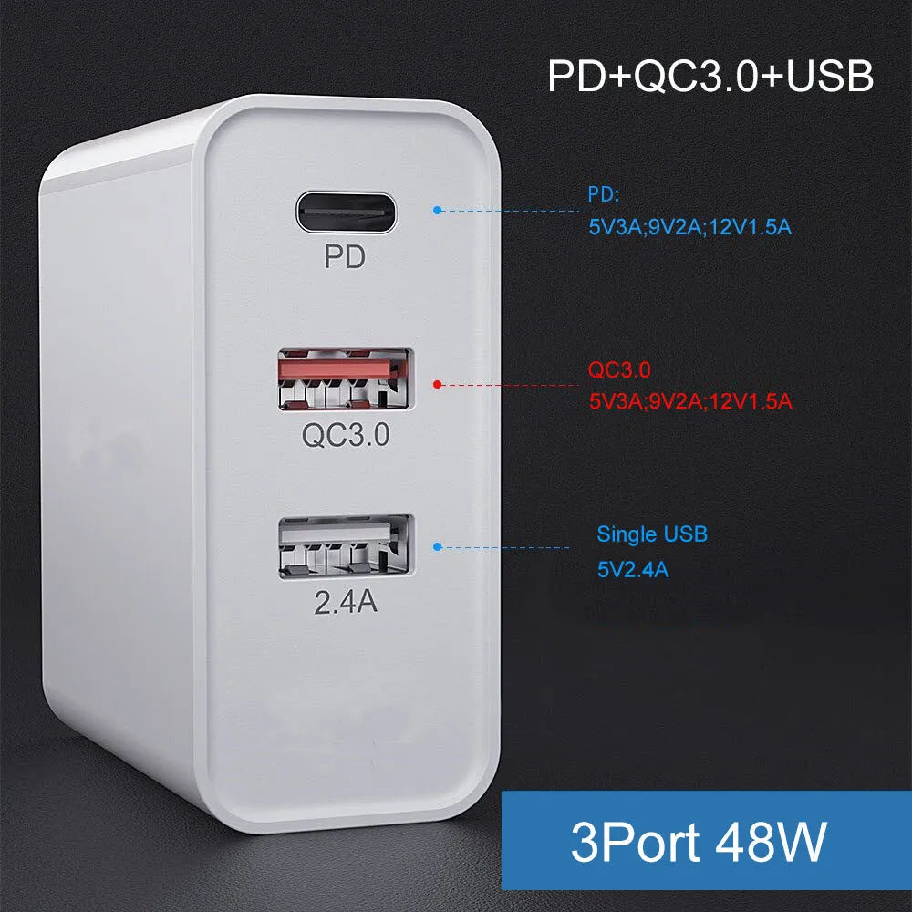 White and black multi-port fast charger with USB ports for PD and QC charging