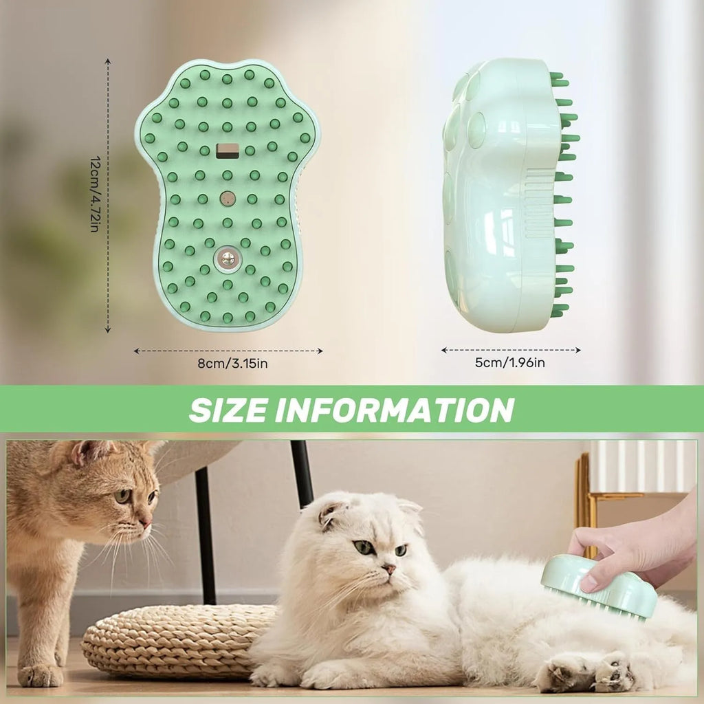 Blue self-cleaning cat grooming brush with silicone bristles and steam spray function on a pink background.