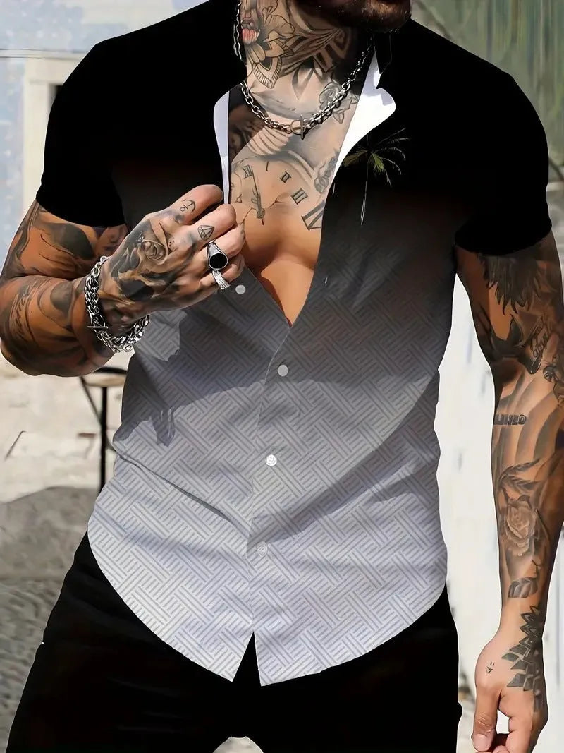 Men's slim fit geometric print lapel shirt in lightweight polyester fabric for summer casual wear