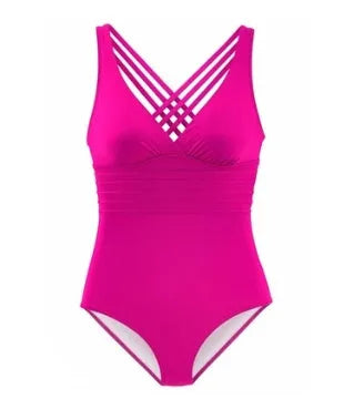 Deep V backless high-waist solid colour one-piece nylon swimsuit for women in black