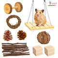 Assortment of natural wooden and woven chew toys for small pets like rabbits and parrots.