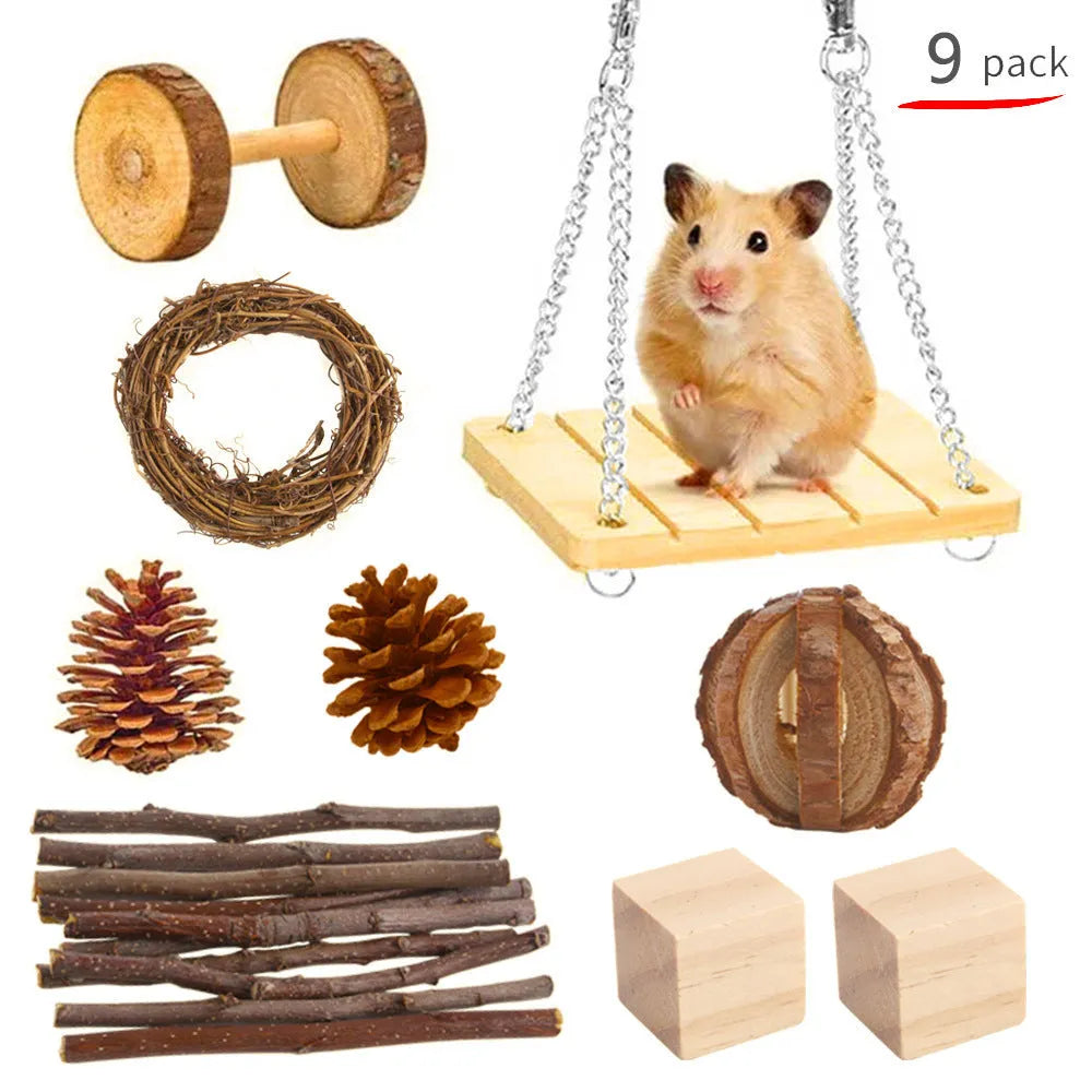 Assortment of natural wooden and woven chew toys for small pets like rabbits and parrots.
