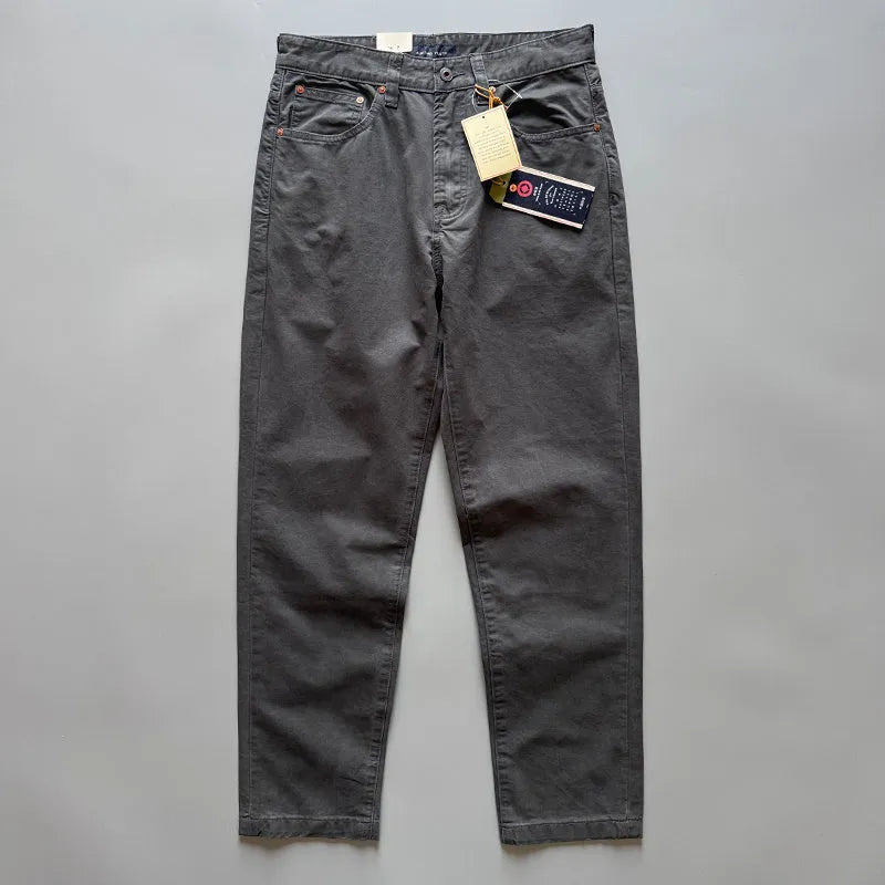 Men's straight-leg cotton casual trousers in army green colour, laid flat to show mid-waist and trousers length.