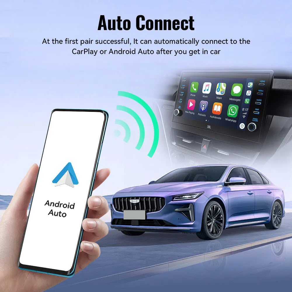 Small black Carplay USB wireless data adapter dongle on a car dashboard