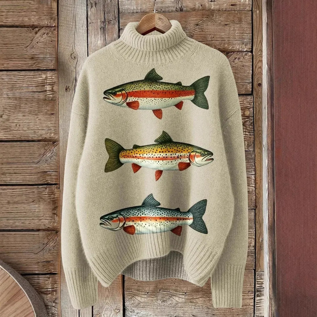 Women's Christmas printed turtleneck pullover sweater in loose casual style with long sleeves