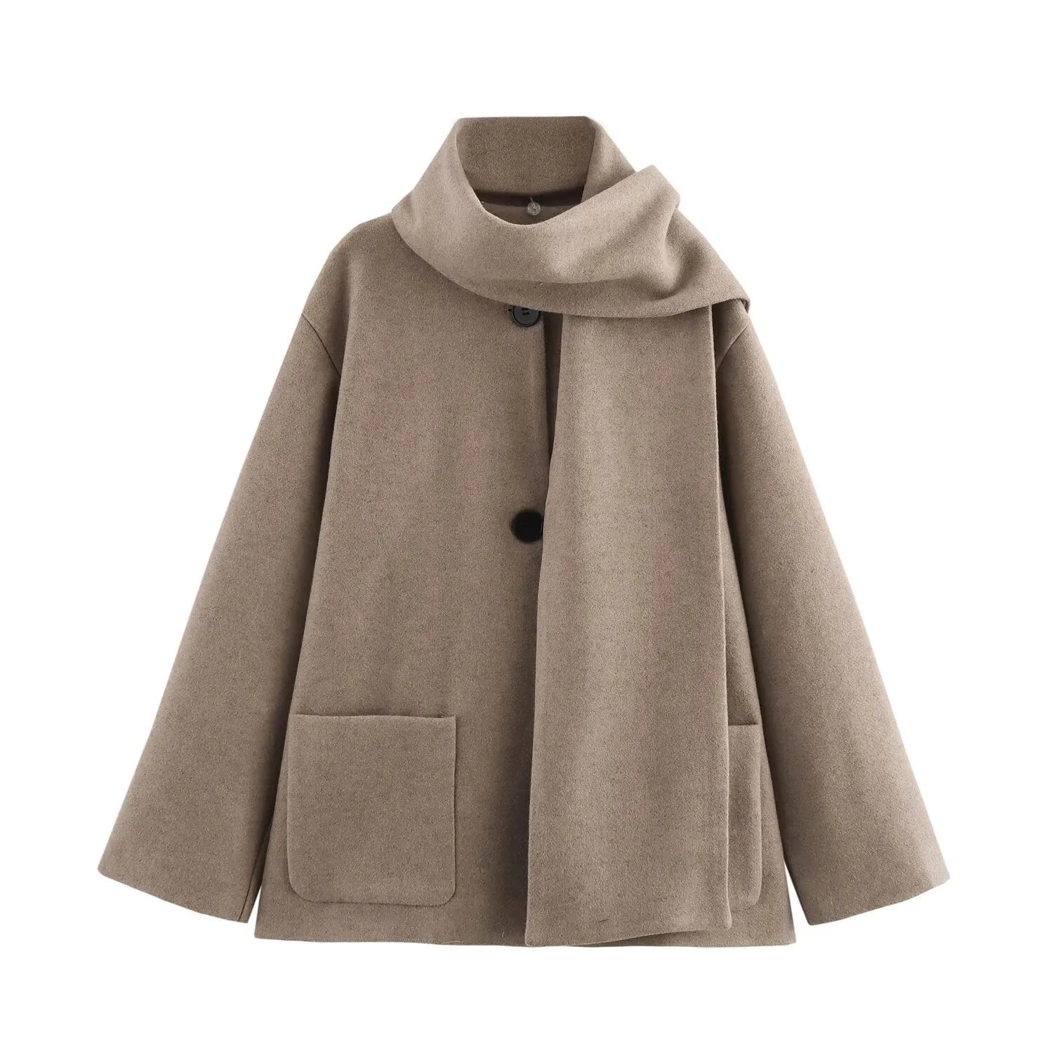 Women's long black polyester winter coat with a fluffy artificial fur collar, shown in a street fashion style.