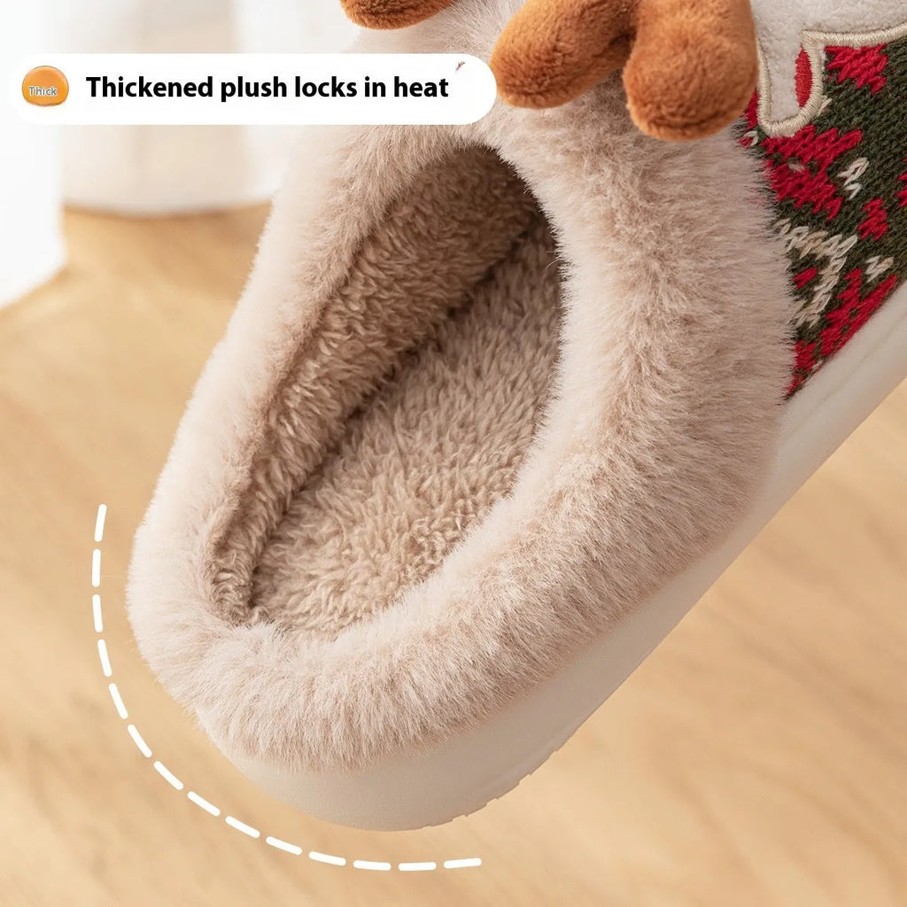 Cute Christmas elk plush slippers in Christmas Red with non-slip sole for women winter home use