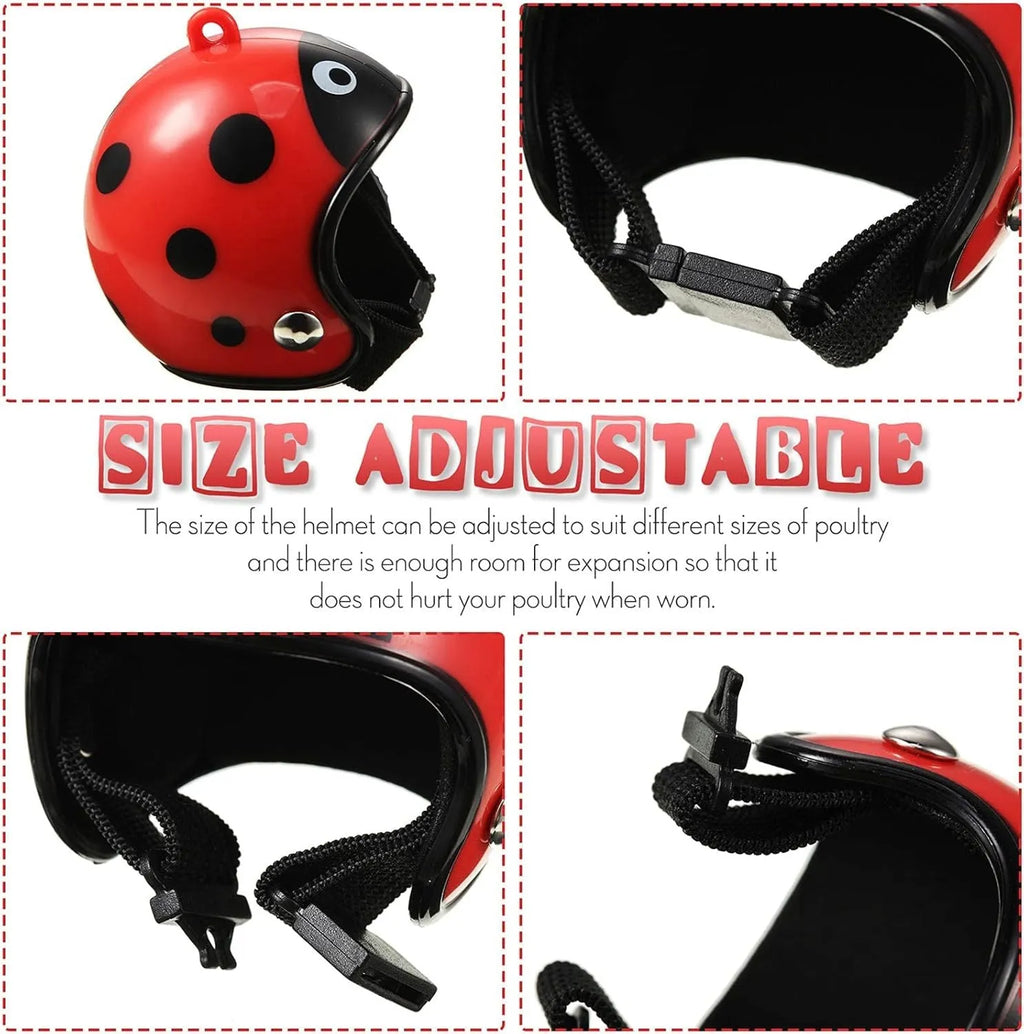 Small adjustable plastic safety helmet for a chicken or bird, shown in a fun design.