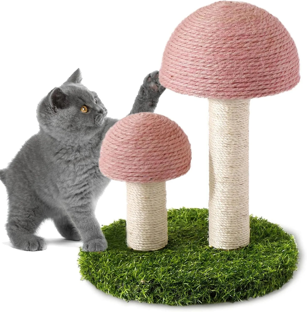 Pink mushroom-shaped cat scratching post with sisal caps and pole for small cats.