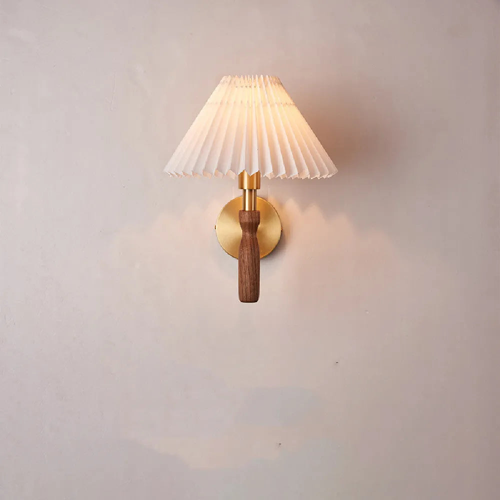 American retro style single head wall lamp with walnut wood frame and fabric shade, mounted on a wall.