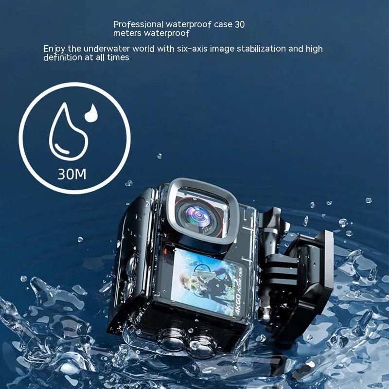 True 4K60 HD action camera with 30m waterproof housing and six-axis anti-shake stabilisation, ABS black body