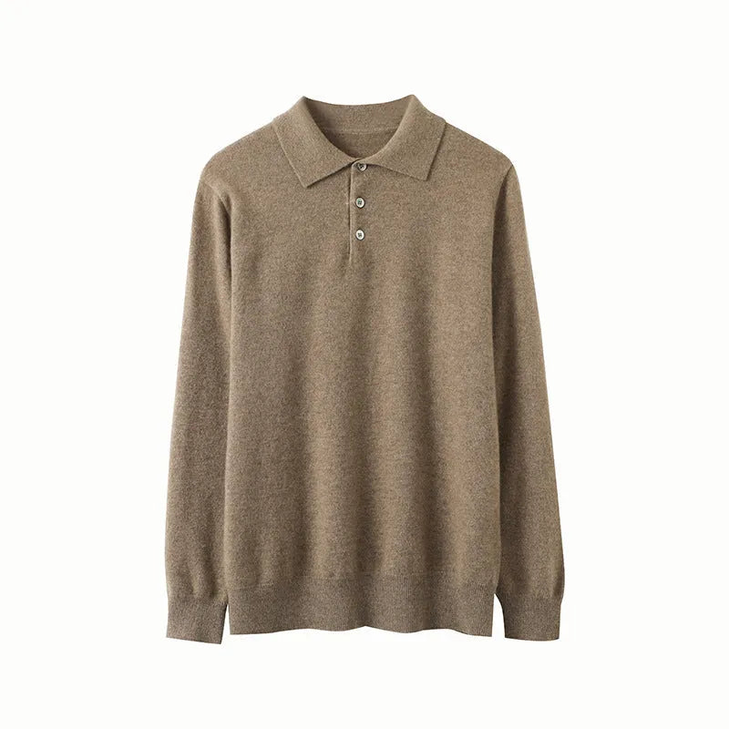Men's cashmere polo collar pullover sweater in loose fit available in multiple colours and sizes