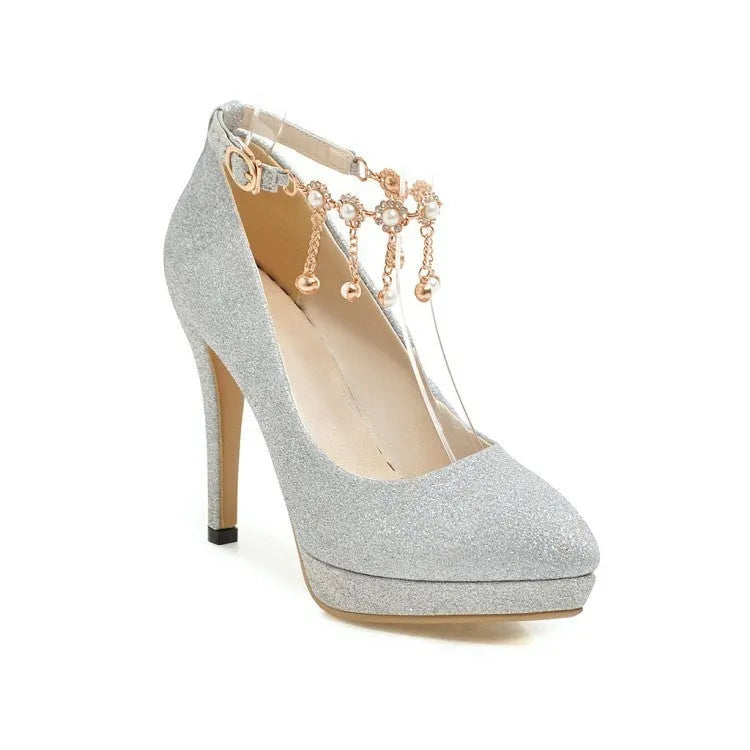 Blue women's platform high heels with a stiletto heel and special fabric upper.