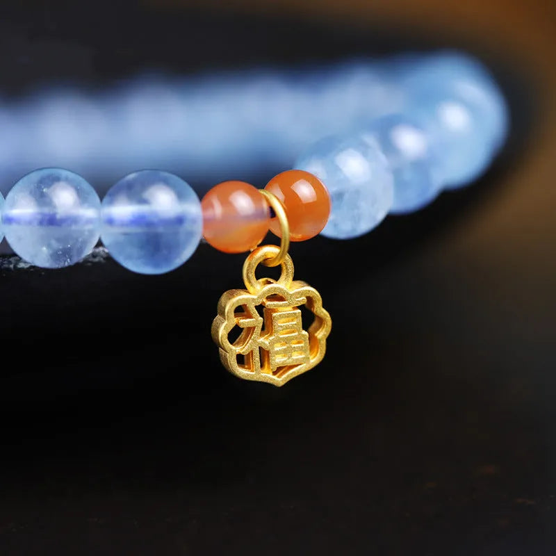 Icy translucent natural aquamarine crystal bracelet with 8mm round beads and a blessing card.