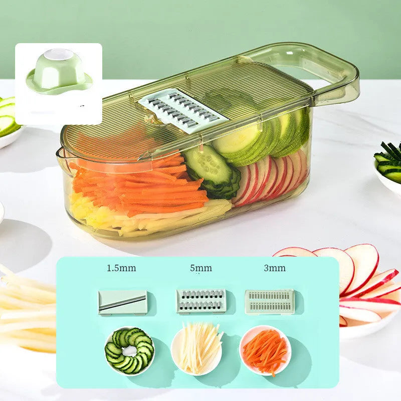 Transparent green multifunction vegetable cutter with stainless steel blades and 1.5L capacity chopping box